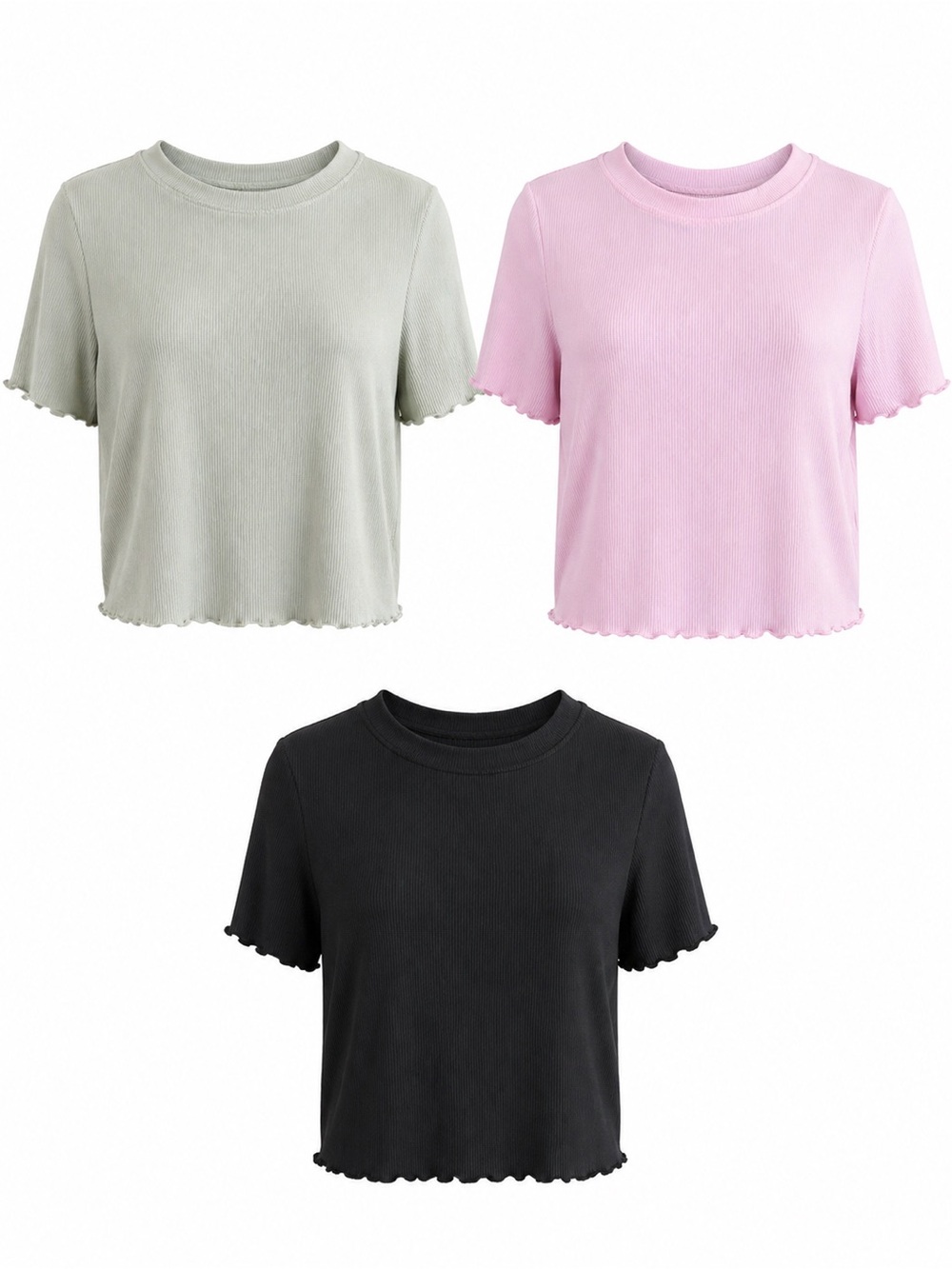 3-Pack Ribbed Crop Tee Bundle M Sage, Pink, Black Lettuce Hem Soft Stretch Tops